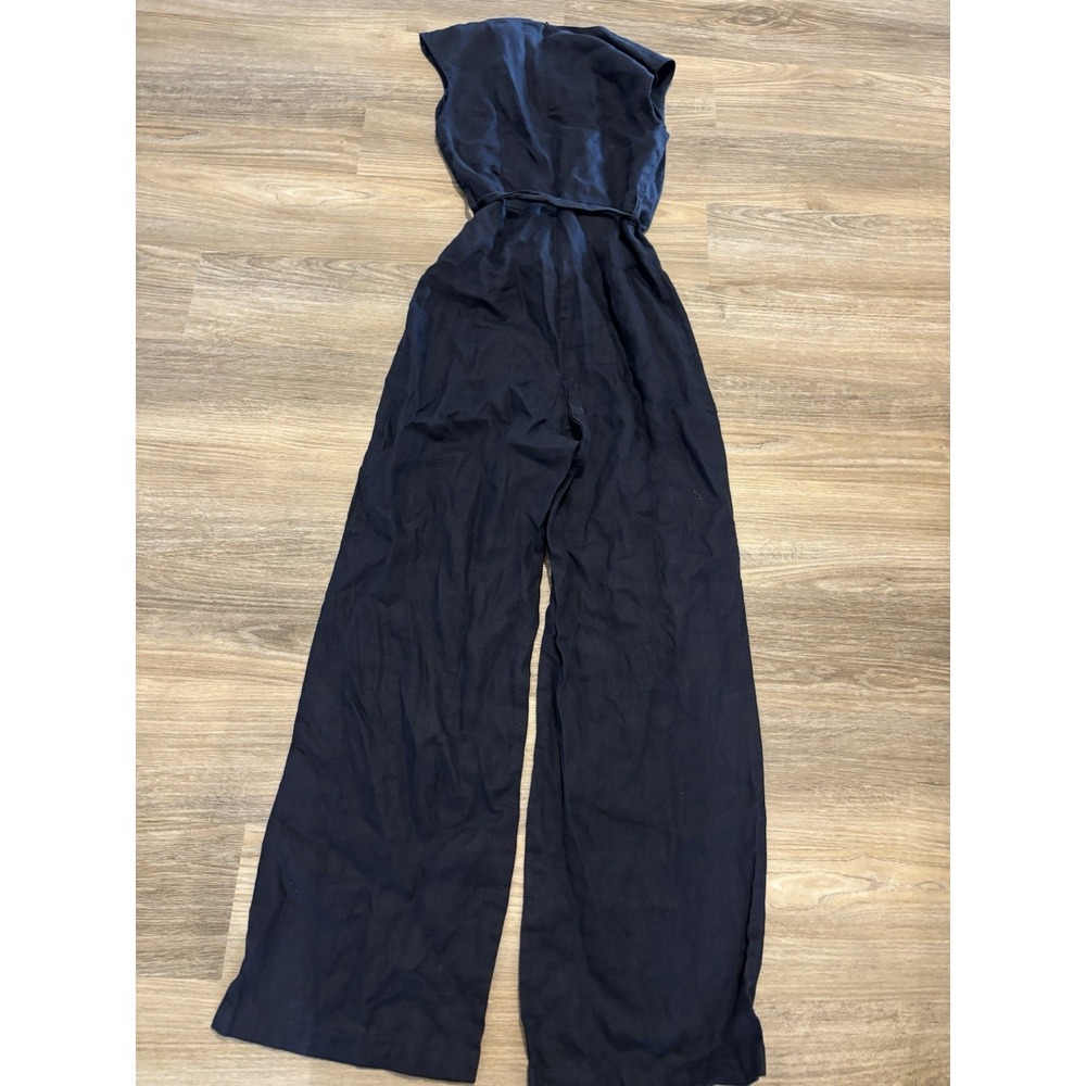 Haris Cotton sleeveless Jumper Jumpsuit 100% linen resort Small Navy Blue Tie - Picture 2 of 9